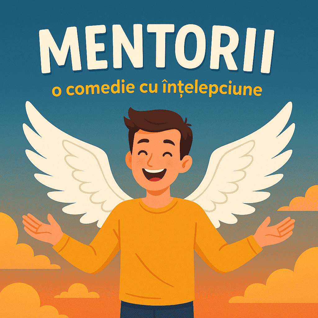 Ilustrație digitală a unui bărbat cu aripi albe, zâmbind și întinzând brațele – simbol al filmului Mentorii, comedie spumoasă cu lecții de viață și libertate interioară