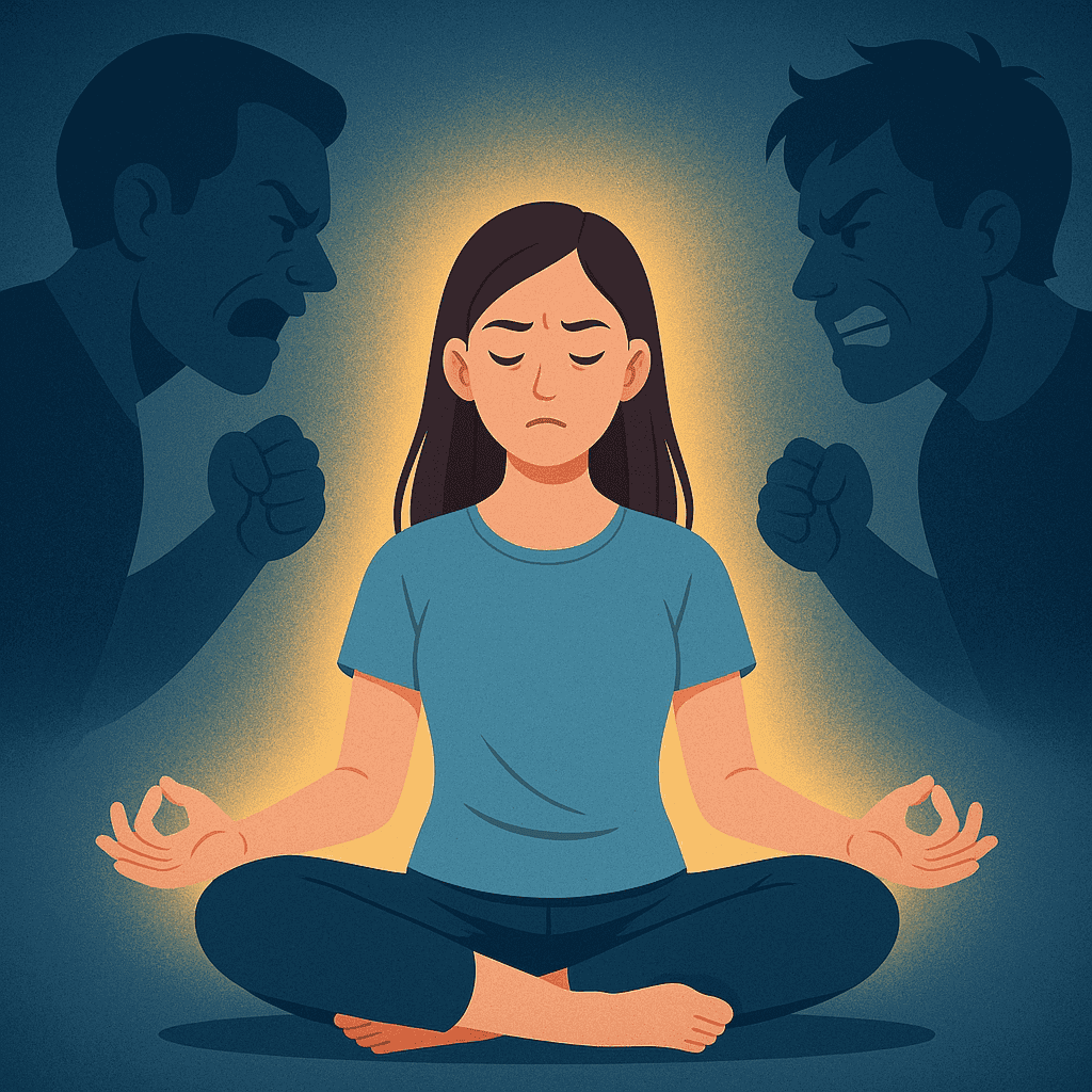 Femeie meditând în lumină calmă, cu umbre tensionate în spate – contrast între nervozitate și pace interioară prin ThetaHealing