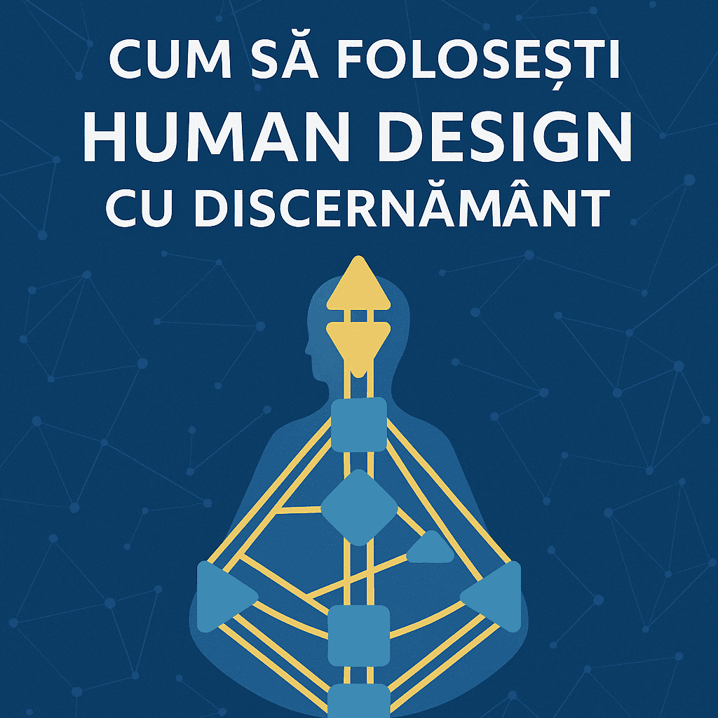 BodyGraph stilizat cu centre luminoase, ilustrație digitală pentru articolul Cum să folosești Human Design cu discernământ – simbol al autocunoașterii și al dezvoltării personale