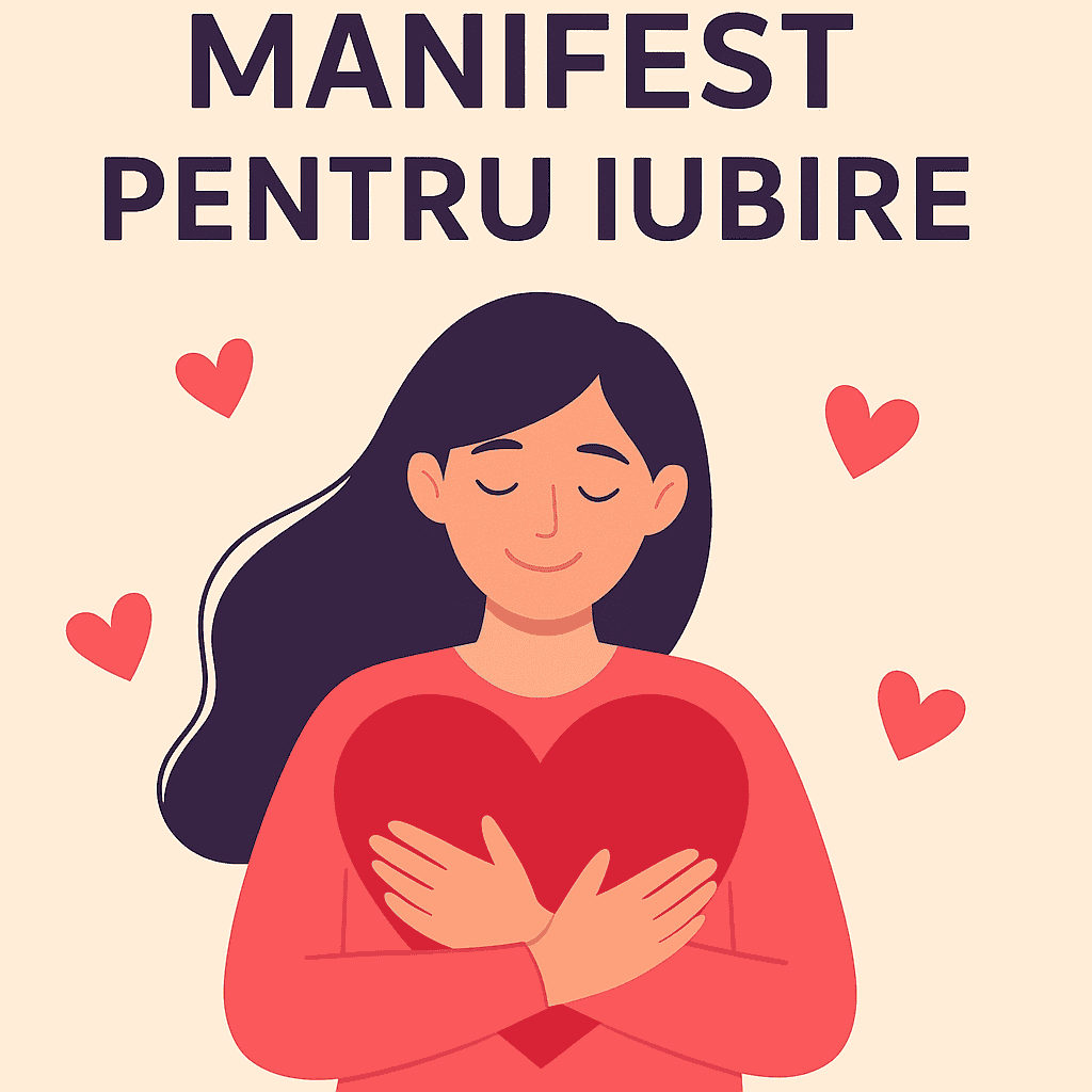 Manifest pentru Iubire – ilustrație digitală cu o femeie care ține o inimă mare roșie la piept, simbol al iubirii de sine și al conexiunii spirituale.