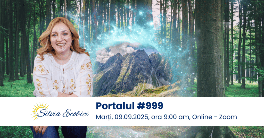 Silvia Ecobici zâmbitoare și blândă te invită să participi la atelierul Portalul 999 de Integrare și armonizare, poză pădure cu copaci înalți și un portal care se deschide spre o nouă dimensiune
