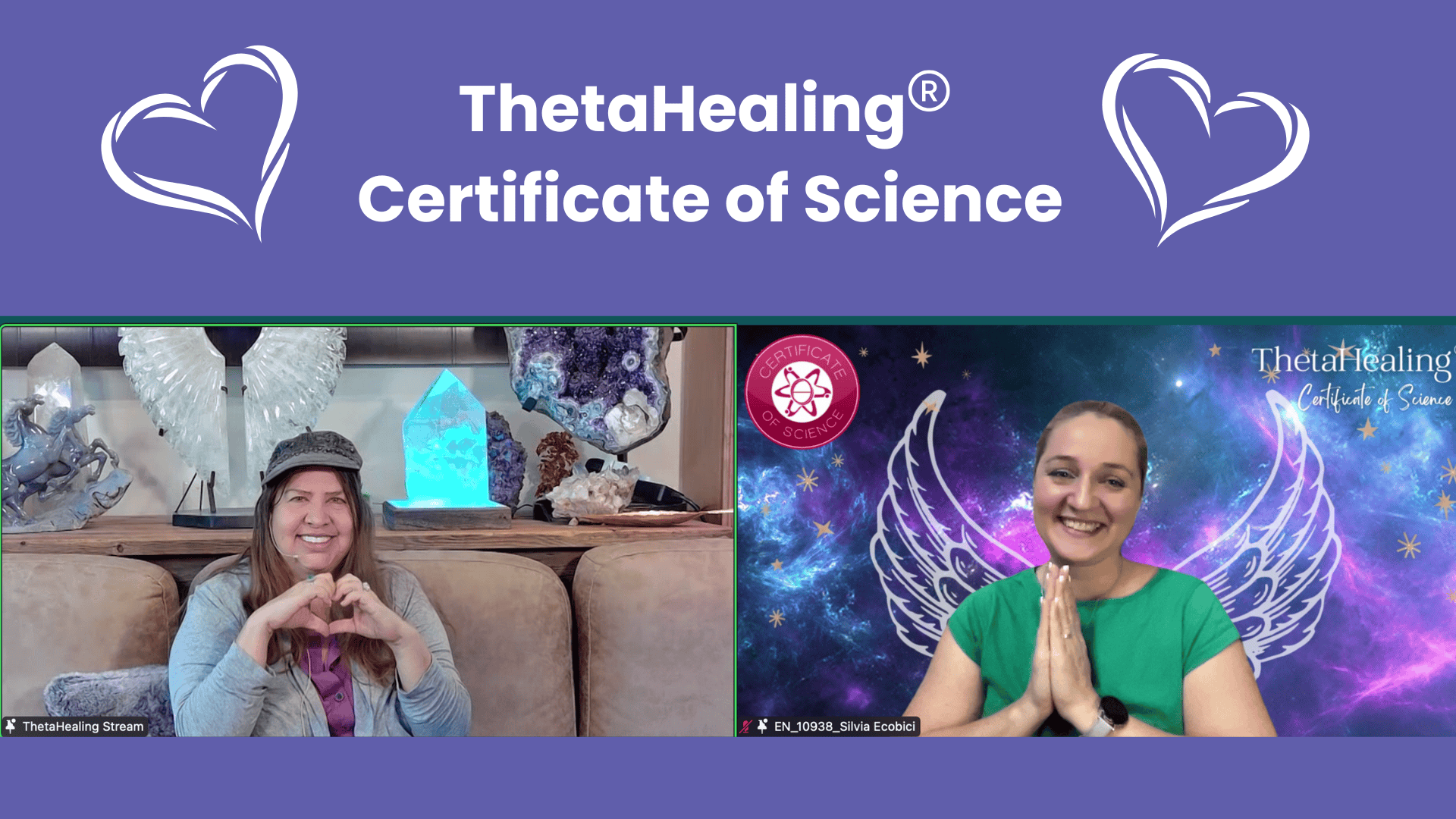 Vianna Stibal felicitând-o pe Silvia Ecobici pentru obținerea Certificate of Science, Instructor ThetaHealing, Iubire necondiționată, recunoștință și bucurie reciprocă