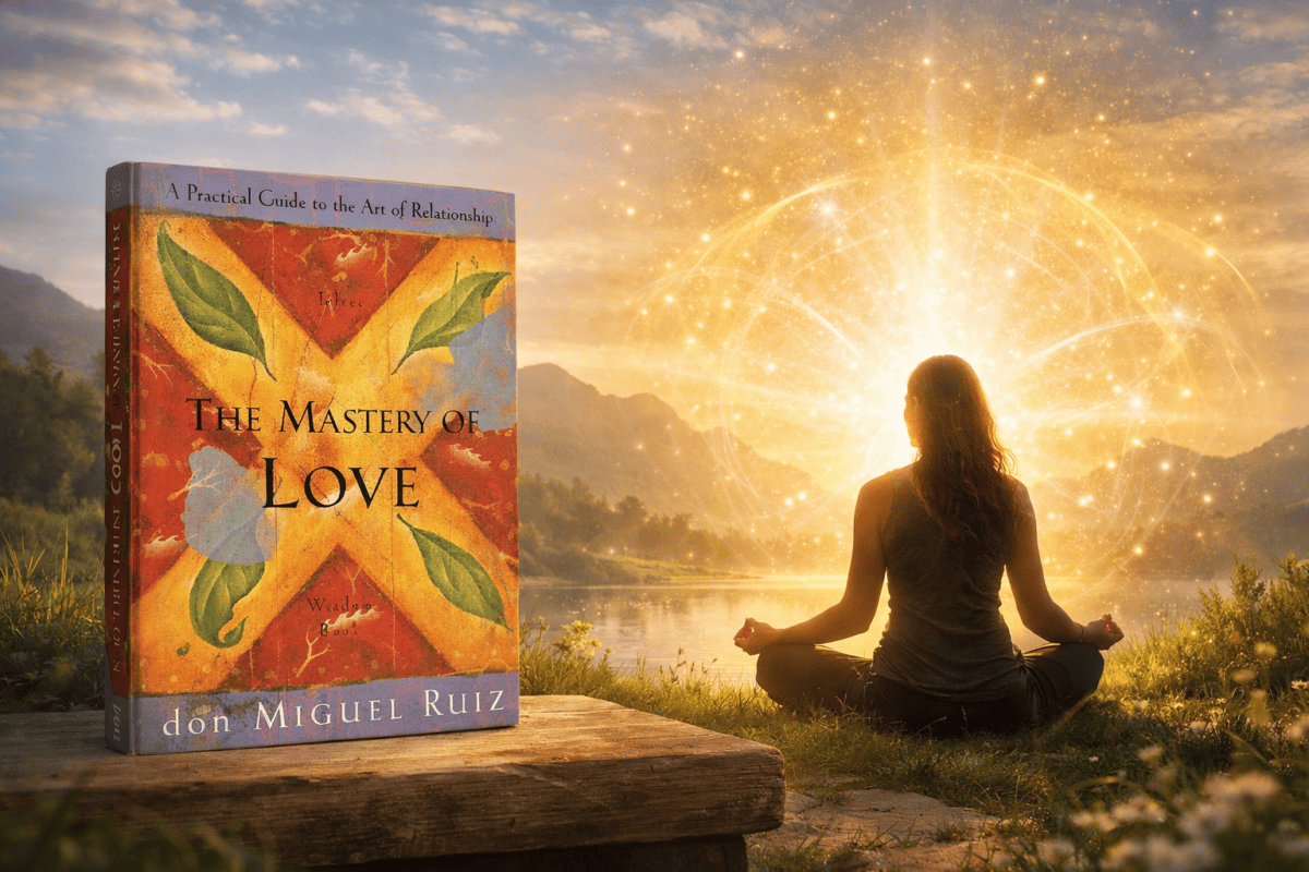 Coperta cărții Arta de a iubi - Mastery of Love - de Don Miguel Ruiz și o persoană meditând în natură, simbol al conștientizării, corpului emoțional și transformării interioare